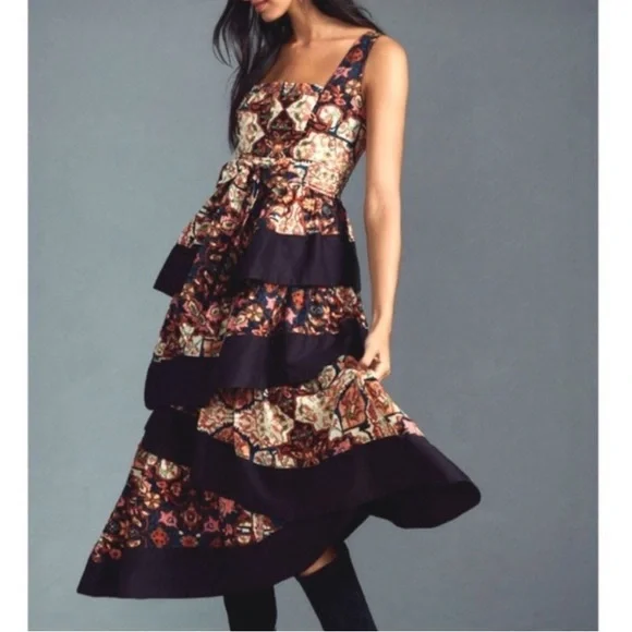 Anthropologie Square-Neck Printed Tiered Midi Dress, NEW - Picture 15 of 15